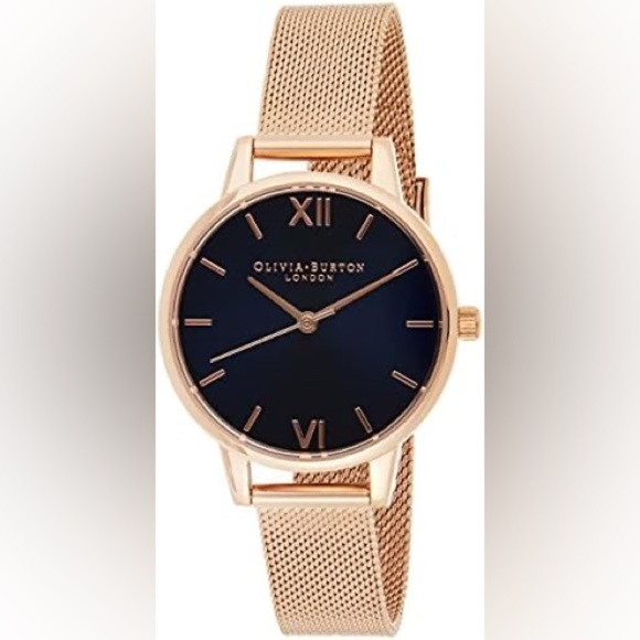Olivia Burton Ob Watch Women Navy Dial Dial Ionic Rose Gold Plated Steel Watch - Picture 1 of 5